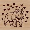 Whimsical Rhino Portrait with Love Hearts A close-up illustration of a rhino's face with love hearts surrounding its body.