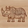 A large black and white illustration of a rhinoceros in a natural habitat setting.