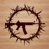 A detailed illustration of a modern assault-style rifle with sharp thorns protruding from its body.