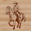 A stylized illustration of a cowboy riding a horse in the American West.