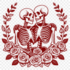 A pair of skeleton figures holding hands, surrounded by floral elements including a rose.