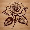 A stylized illustration of a single long-stemmed rose with green leaves.