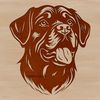 A close-up illustration of a rottweiler's head with distinct features.