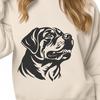 Vector graphic representation of a Rottweiler breed dog's facial features in detailed outline form.