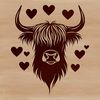 Highland Cow Clipart with Love Hearts A Highland cow standing on a green hillside with heart symbols above its head.