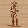 A simple illustration of a cowboy in a classic western outfit.