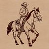 A vector illustration of a rugged cowboy riding a horse through open plains.
