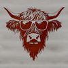 Casual Caledonian Companion An illustration of a Scottish Highland cow wearing shades and posed in a casual stance.