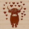 Adorable Highland Cow on a Green Hillside A Highland cow standing on a green hillside with love hearts scattered around its hooves, illustrating a farm animal.