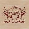 A close-up of a Highland Cow's head peeking out from behind a fence on a rural farm.