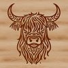 A detailed illustration of a Highland Cow's head, suitable for vector design and commercial use.