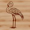 Close-up illustration of a pink flamingo wading in wetlands with long neck and legs.