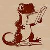 A vector illustration of a salamander reading a book in a whimsical setting.