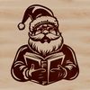 Jovial Santa Claus Reading Scene A jovial Santa Claus wearing glasses sits in a chair reading a book, perfect for festive Christmas illustrations.