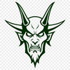 A stylized illustration of the devil with horns and a pointed tail.