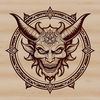A dark figure with horns and a beard, reminiscent of the devil.