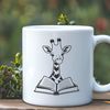 Whimsical Savannah Scene with Giraffe Reading a Book A stylized illustration of a giraffe reading a book in a savannah setting.