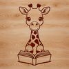 A tall mammal with spots reads a book in the savannah.