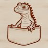 A small, green lizard peeking out from a pocket or pouch.