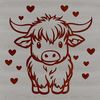 Loveable Highland Cow Illustration A vector illustration of a standing Highland cow with heart motifs, suitable for various designs and crafts.