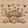 Highland Cow Silhouette Vector Art A stylized illustration of a Highland Cow's head peeking out from behind a fence on a rustic farm.