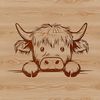 Beautiful Highland Cow Graphic A Highland cow's head peeking out from behind a fence in a rural farm landscape.
