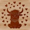 Cozy Highland Cow Scene Highland cow standing in a field with love hearts surrounding it.