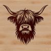 Majestic Highland Cattle in a Farm Landscape Highland cow with distinctive shaggy coat standing in a rustic farm setting.