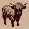 Rustic Farm Scene with Highland Cattle A illustration of a standing Highland Cow in a farm setting.