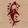 A stylized illustration of a shark with heart symbols incorporated into its body.