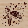 A stylized illustration of a sea turtle with love hearts surrounding it, representing a seaside animal.