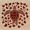 A detailed illustration of a sea turtle swimming in the ocean, featuring love hearts on its shell.