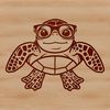 An illustration of a sea turtle wearing glasses, set against a subtle underwater background.