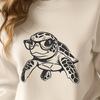 An illustration of a sea turtle wearing glasses, swimming in the ocean.