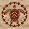 A stylized illustration of a sea turtle, featuring intricate love hearts on its shell.
