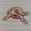 A stylized illustration of a sea turtle in its natural habitat.