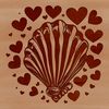 A stylized illustration of a seashell with intricate details and love hearts embedded within its design.