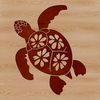 A stylized illustration of a sea turtle swimming in a seaweed-filled ocean.