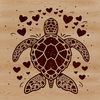 A colorful illustration of a sea turtle swimming in the ocean with love hearts surrounding its shell.