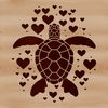 A detailed illustration of a sea turtle with colorful heart decorations surrounding its body.