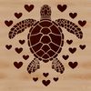 A simple line art illustration of a sea turtle with love hearts incorporated into its design.