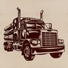 A detailed illustration of a semi truck with multiple axles and a large trailer.