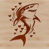 A stylized illustration of a shark with heart shapes surrounding it.