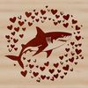 A cartoon shark with love hearts surrounding it, making it suitable for personal or commercial projects.