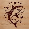 Illustrated shark with heart accents, vector sea creature design.