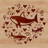 A stylized illustration of a shark surrounded by love hearts, showcasing a sea creature with a playful twist.