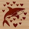 A vector illustration of a shark with red and pink love hearts surrounding its body.