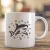 Stylish Shark Illustration with Love Hearts A stylized illustration of a shark with love hearts surrounding its body, suitable for various design applications.