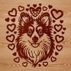 SVG Illustration of a Sheltie's Face Close-up portrait of a Shetland sheepdog's head with love hearts surrounding its face.