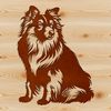 A depiction of a Shetland sheepdog sitting on its hind legs.